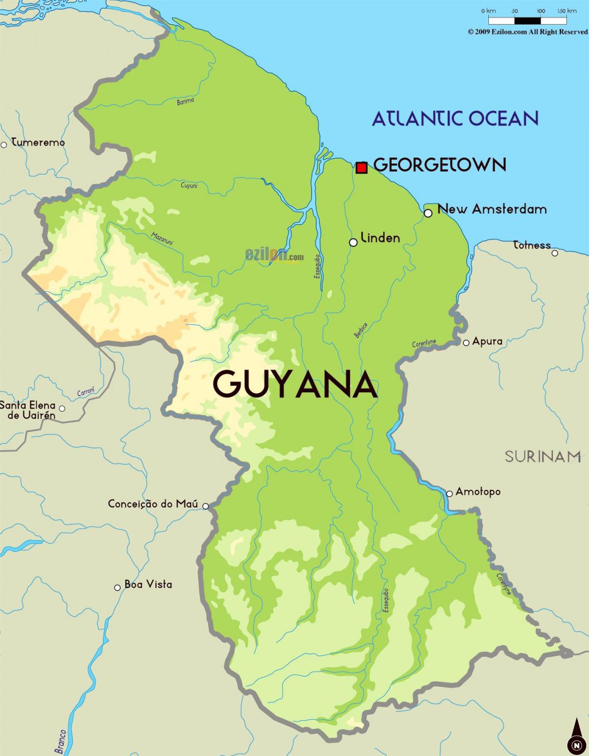 kort over den fysiske kort Guyana