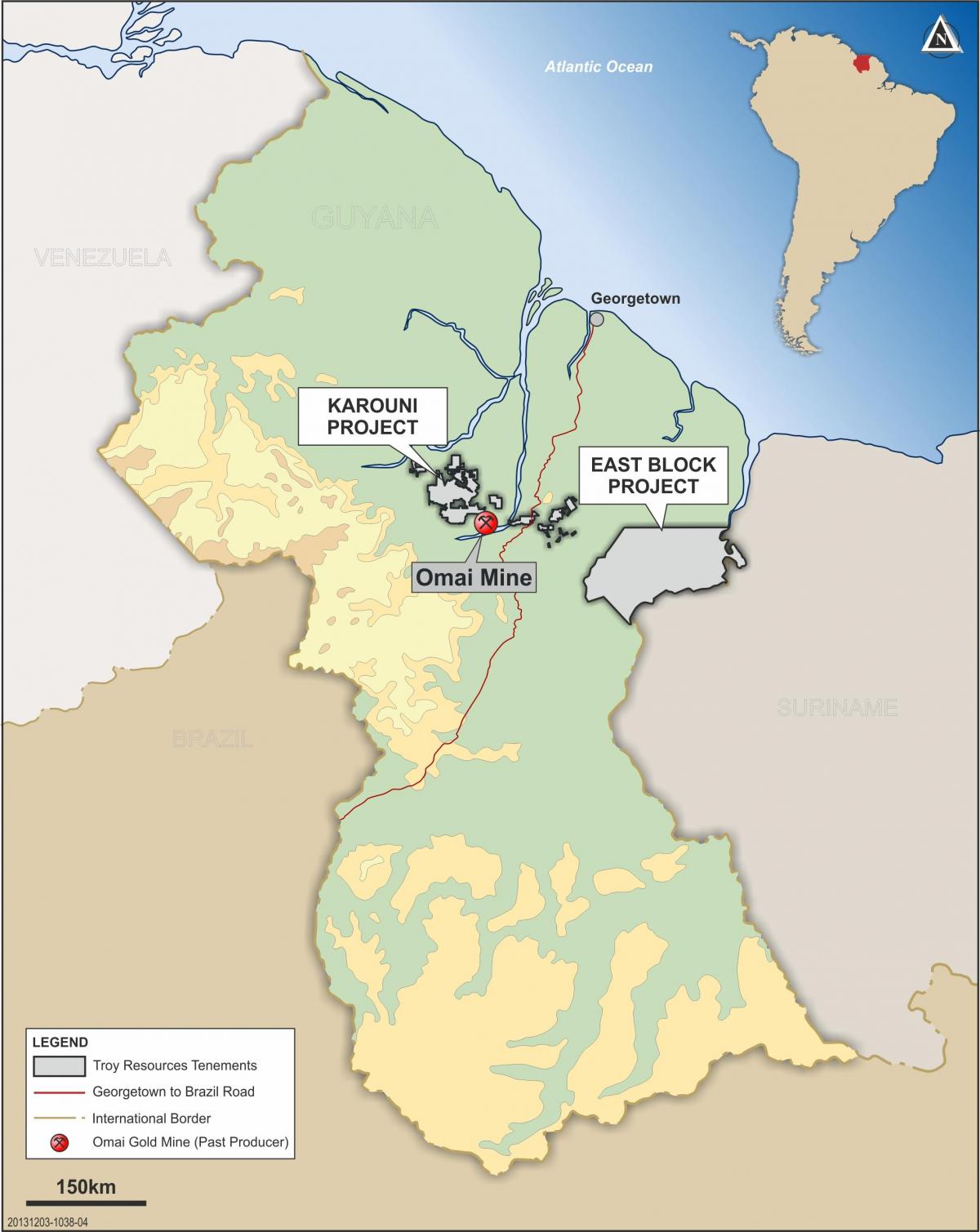 kort Guyana, der viser, mineralske ressourcer