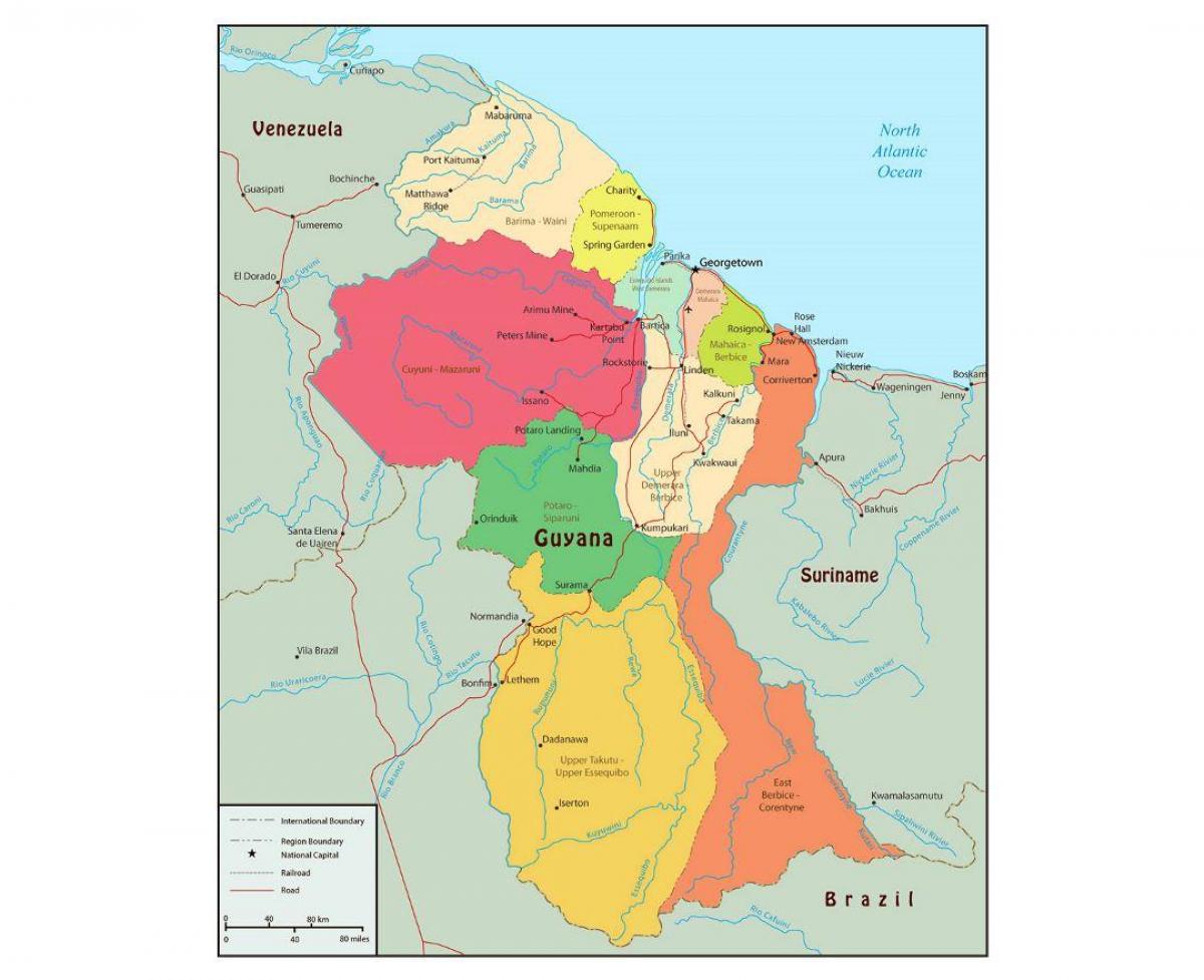 kort Guyana, der viser 10 administrative regioner