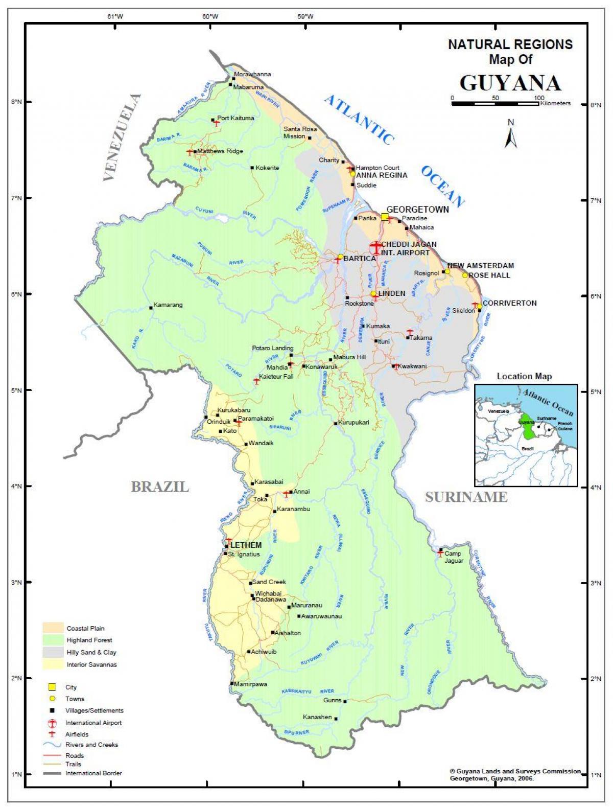kort Guyana, som viser de 4 naturlige regioner