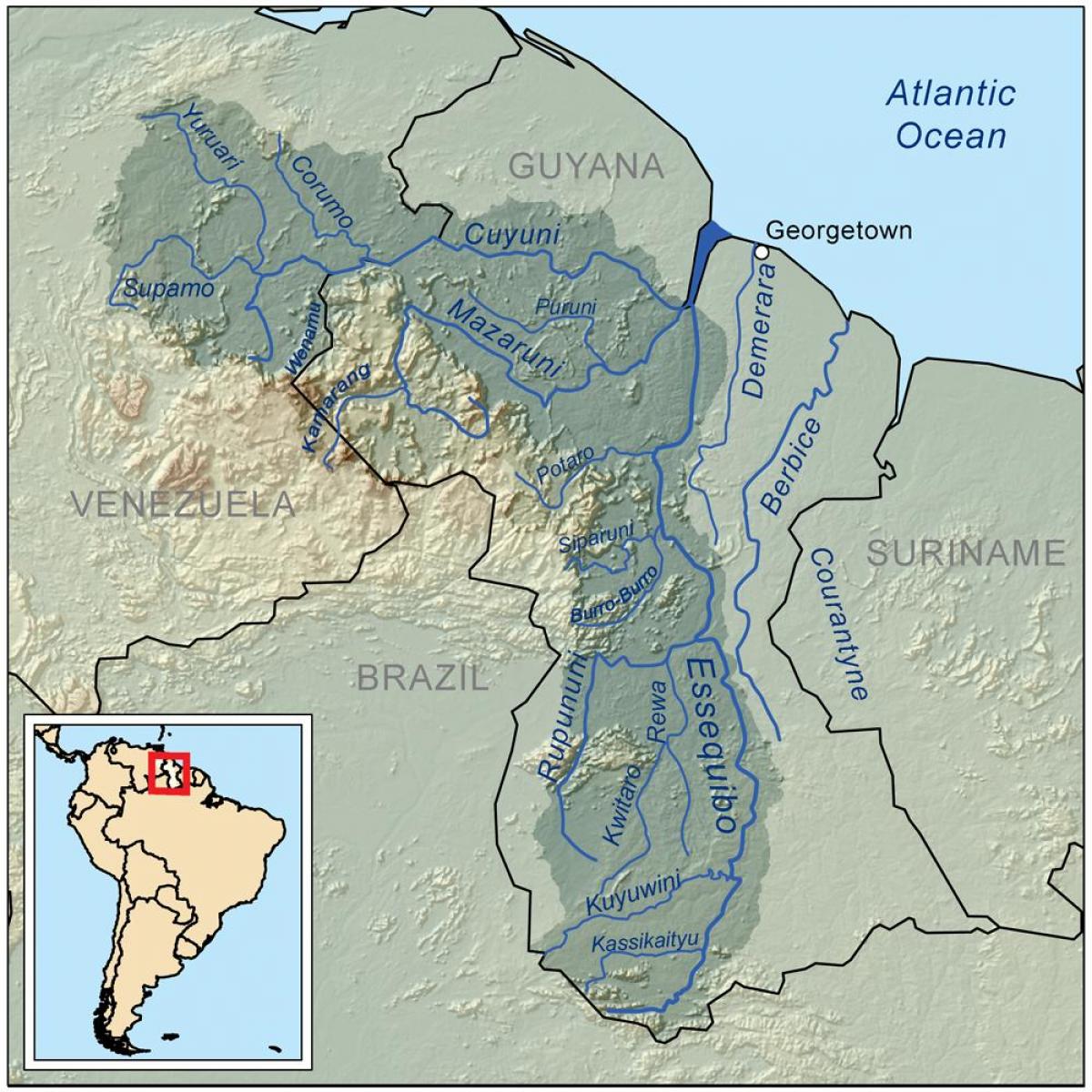 kort Guyana, der viser de tre vigtigste floder