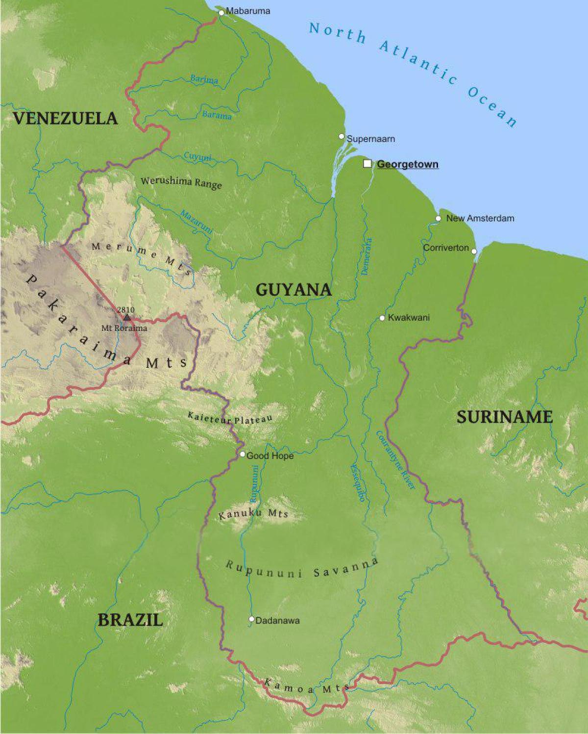 kort Guyana, der viser lav kystslette