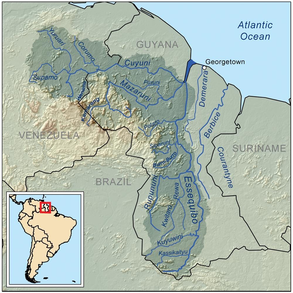 kort Guyana, der viser floder