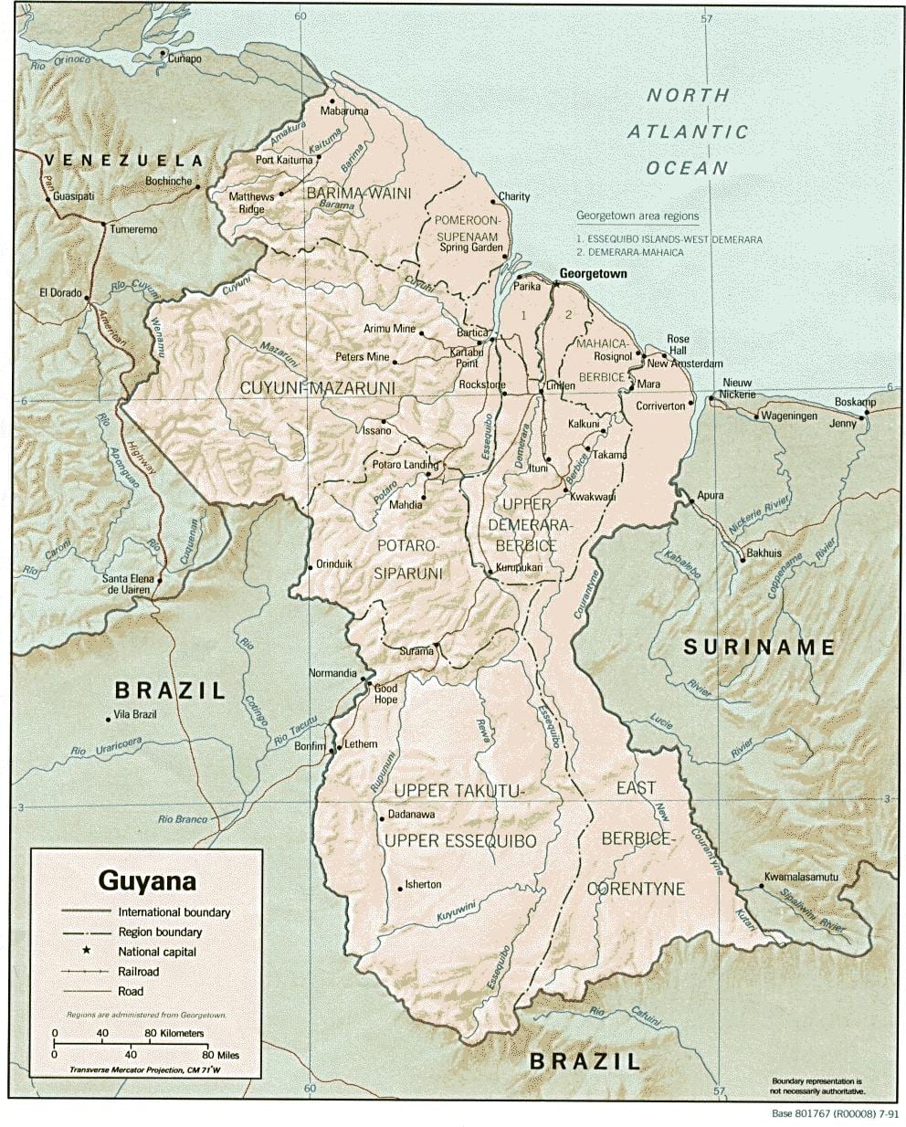 kort, der viser indianske bosættelser i Guyana