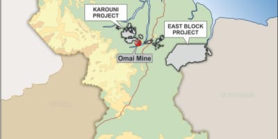Kort Guyana, der viser, mineralske ressourcer