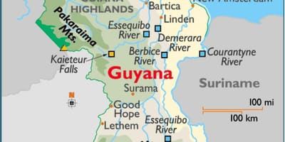 Kort Guyana viser bjergkæder